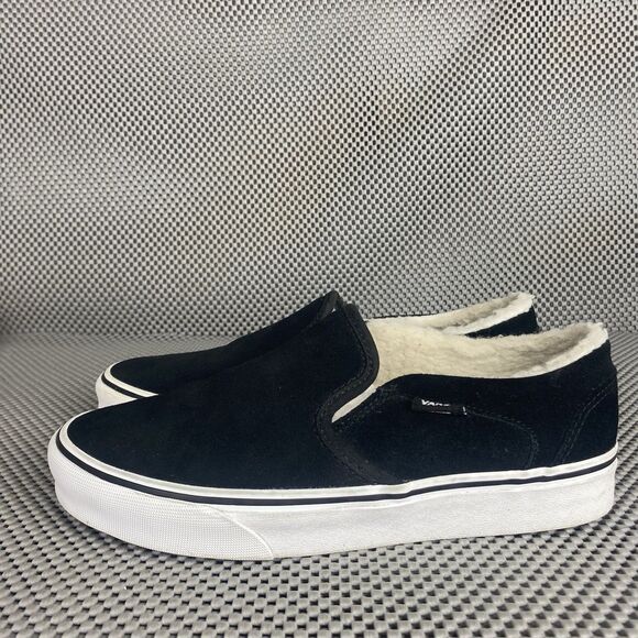 Vans Asher Slip On Shoes Womens Size 7 Black Suede Sherpa Lined Casual - Picture 2 of 14